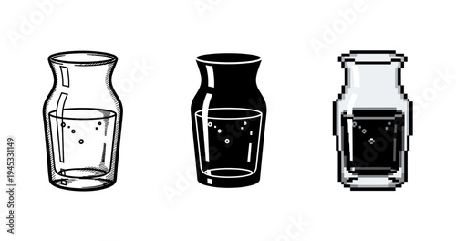 Three stylized glass jugs with water: hand-drawn, silhouette, pixel art