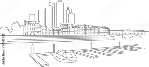 Parisian buildings and Seine river in grey line drawing