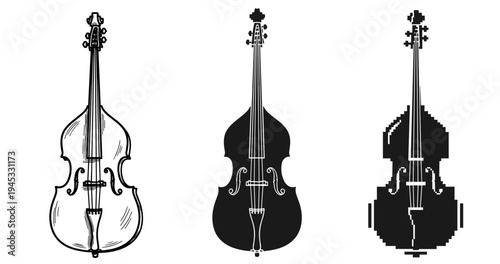 Illustrative variations of double bass: sketch, silhouette, pixel art depictions