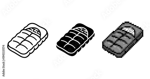 Sleeping bag icon set: outline, solid, and pixel styles