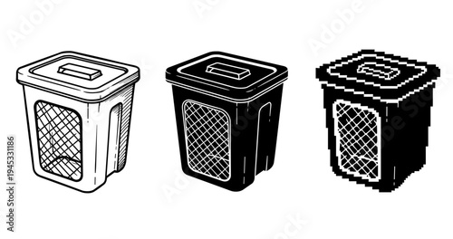 Set of three waste baskets: line art, solid silhouette, pixelated design