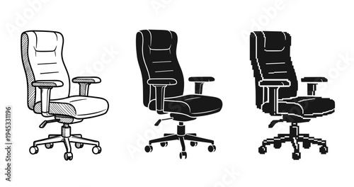 Office chair variations: sketch, silhouette, and pixel art designs