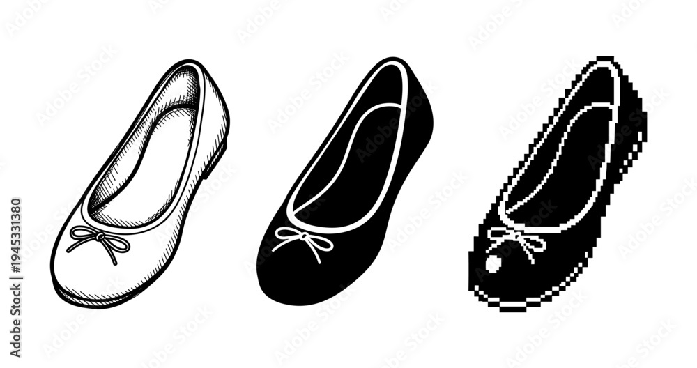 Fototapeta premium Three styles of ballet flats: sketch, silhouette, pixel art representations
