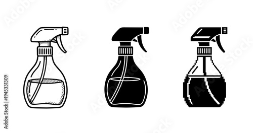 Three stylized spray bottles: sketch, solid, pixel art variations in black and white