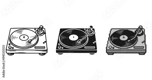 Vintage turntables trio design in black and white
