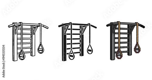 Vector set of gym wall bars with gymnastic rings for exercise routines