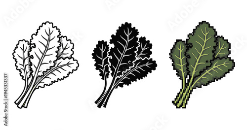 Black and white, silhouette, and pixel art kale leaf designs