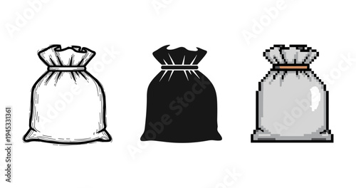 Three drawstring fabric bags: black, white, and pixel art styles on white background