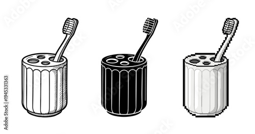 Toothbrushes in holders: black and white design variations