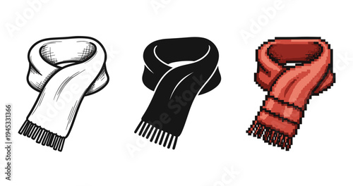 Artistic trio of scarves in sketch, silhouette, and pixel styles