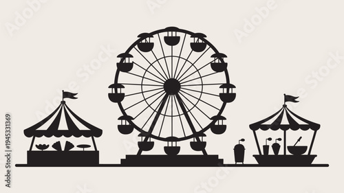A black silhouette of a Ferris wheel and carnival attractions on a beige background