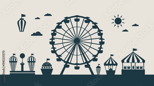 A black and white illustration of a Ferris wheel and carnival attractions on a sunny day