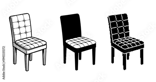 Three variations of a padded chair: sketch, silhouette, and high-contrast