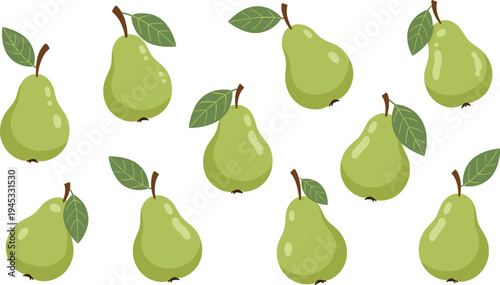 Green pear fruit vector set with fresh pears and leaves isolated in flat cartoon style for healthy food illustration, grocery design and organic farming concept