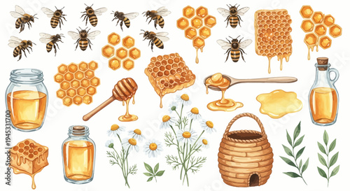 Watercolor illustration of honey bees honeycomb and related elements