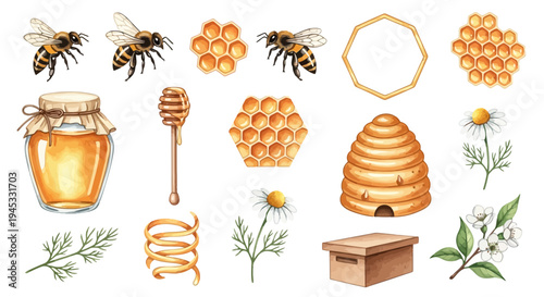 Watercolor illustration of honey bees honeycomb and related elements