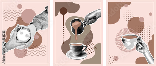 Three posters featuring a collage illustration of coffee with geometric shapes and vintage halftones. Trendy halftone collage. Hands holding and pouring a hot drink into a ceramic cup.