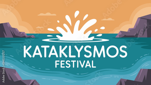 A vibrant festival poster with a stunning ocean view at sunset