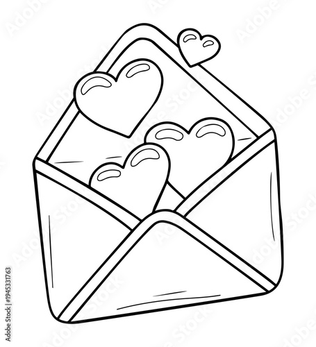 Paper envelope with hearts inside. Vector sketch, hand drawn. Love letter. Romance. Valentine Day. Anniversary, wedding, date. Line art graphic illustration.