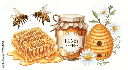 Watercolor illustration of honey bees honeycomb jar flowers and beehive