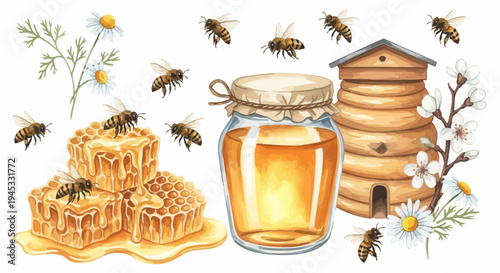 Watercolor illustration of honey bees honeycombs and a beehive