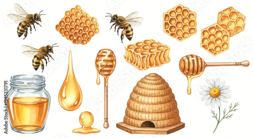 Watercolor illustration of honey bees honeycombs and beehive elements