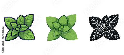 Pixelated, flat, and silhouette mint leaf icons in green and black