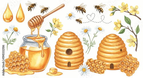 Watercolor illustration of honey pot beehives bees and floral elements