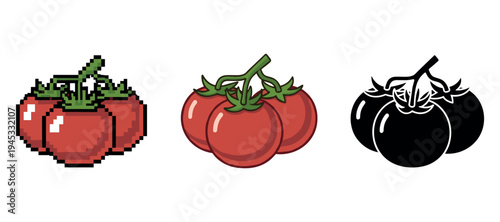 Pixelated, vector, and silhouette red tomatoes trio on white background