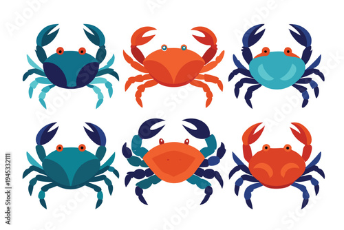 Colorful crab icons set isolated on white. Sea animal and seafood restaurant menu vector illustration.