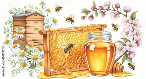 Watercolor illustration of honey production with bees and beehive