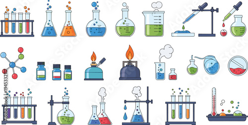 Chemistry Laboratory Experiment Equipment Collection with Test Tubes Beakers Flasks Burners and Chemical Reactions Science Vector Set