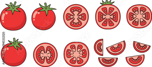 Tomato vegetable vector set with whole tomatoes, sliced tomato cross sections and tomato wedges in flat cartoon style for food illustration and cooking design