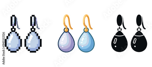 Three styles of teardrop earrings: pixel art, realistic, silhouette
