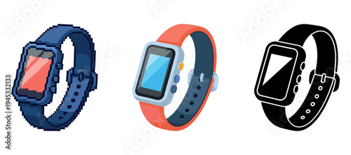 Pixel art smartwatch blue, red and black graphic design variations