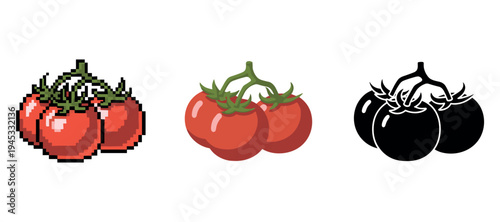 Pixel art, vector, and silhouette tomatoes on white background