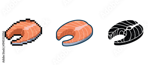Pixelated and stylized salmon steak illustrations on white background