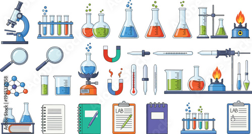 School Science Laboratory Equipment Collection with Microscope Test Tubes Flasks Magnets Thermometers and Classroom Experiment Tools Vector Set