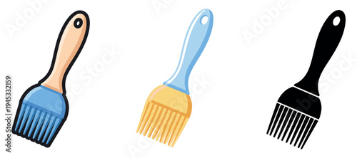 Three cartoon paintbrushes on white background: blue, yellow, and black variants
