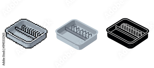 Comparison of pixelated, realistic, and silhouette rectangular soap dishes