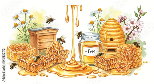 Watercolor illustration of honey production with bees honeycomb and flowers
