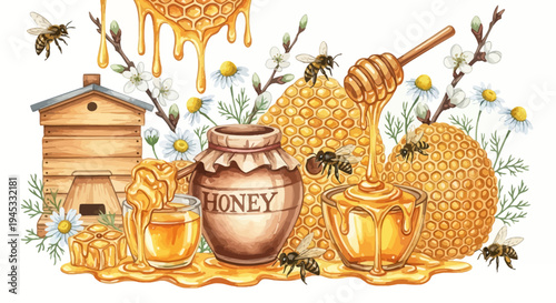Watercolor illustration of honey production with bees honeycomb and flowers