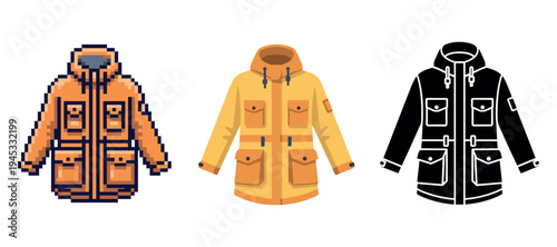 Pixel, vector, and silhouette styles of orange hooded parka jackets