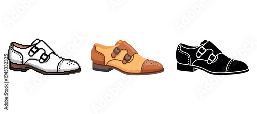 Trio of double monk strap shoes: pixel, realistic, and silhouette variations