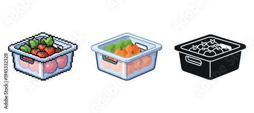 Pixel, vector, and silhouette styles of fruit containers with strawberries and oranges