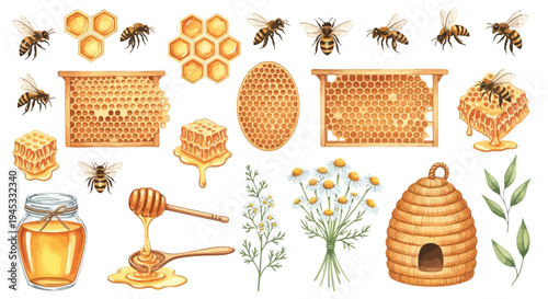 Watercolor illustration of honey related elements for design and decoration