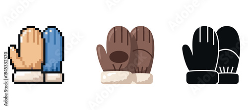Pixel art and silhouette gloves: blue, brown, black winter mittens