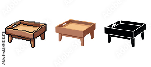Pixelated, realistic, and silhouette versions of a square wooden table with handles