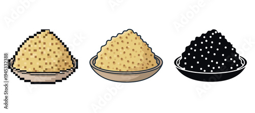 Pixel art to realistic transition of yellow and black caviar bowls