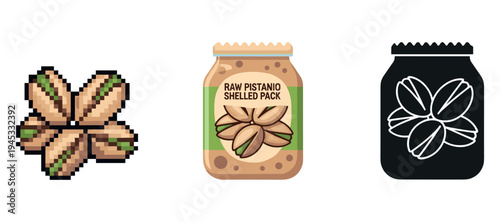 Pistachio icon set: pixel art, packaging design, black silhouette